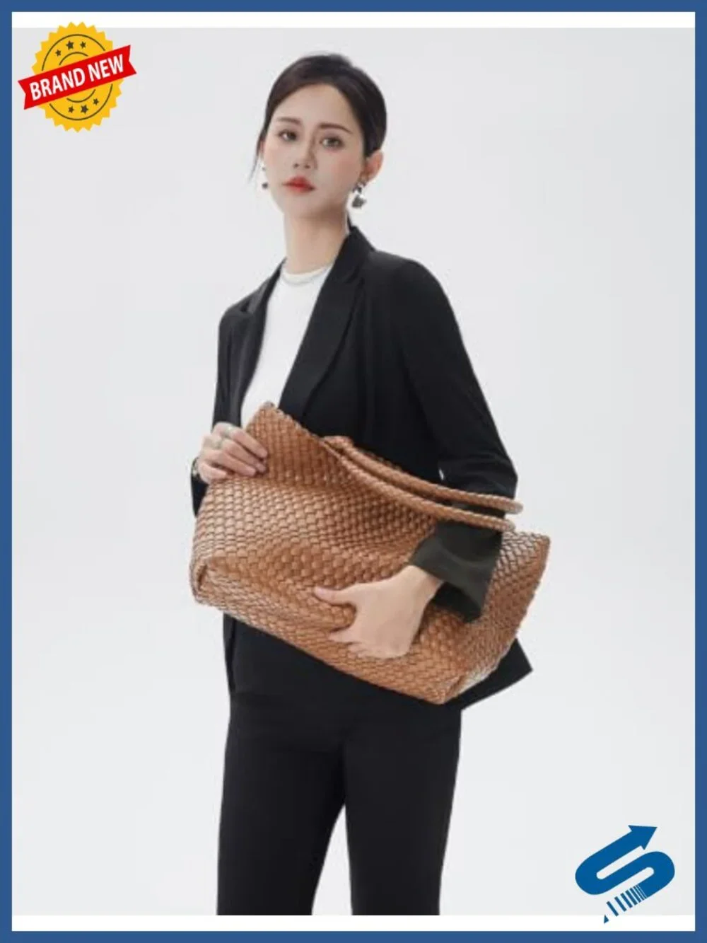 Woven Vegan Leather Tote Bag with Matching Purse, Shoulder Handbag Fits 13-14